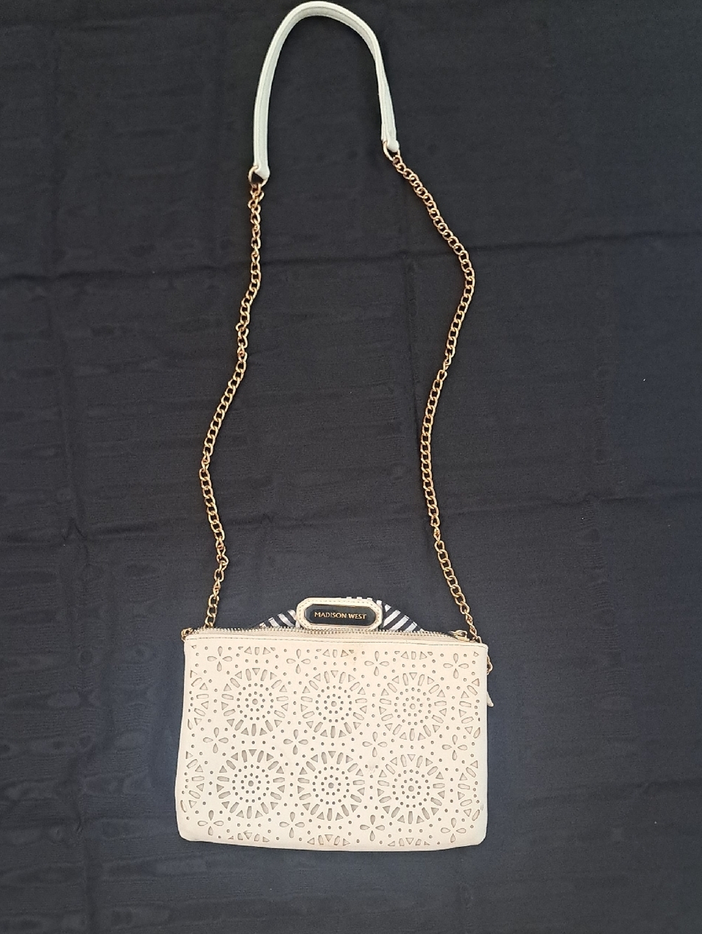 Madison West Cream Laser-Cut Crossbody with Gold Chain